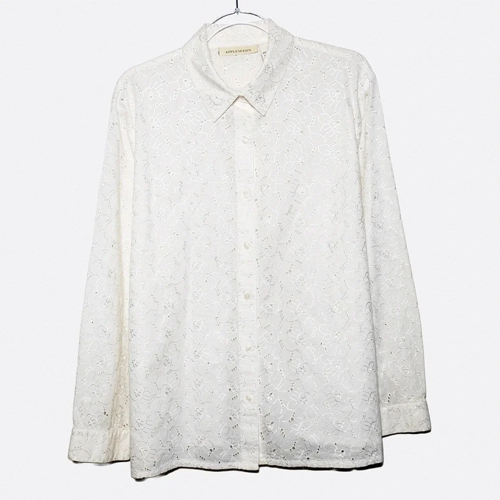 Romantic White 100% Cotton Eyelet Button-Down Top Feminine Luxe Plus Size 2X XXL - Picture 2 of 6